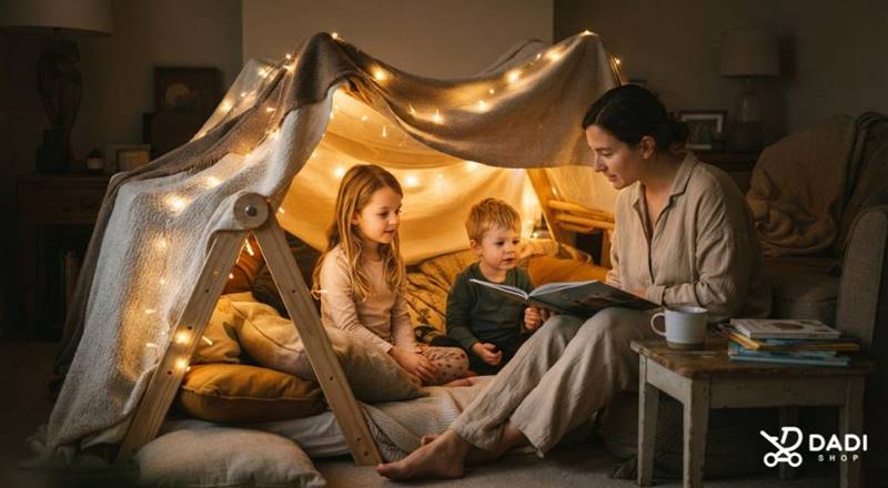 Mama czyta książkę dzieciom w domowym namiocie z koców i lampek LED, celebrując spokojne quality time. 